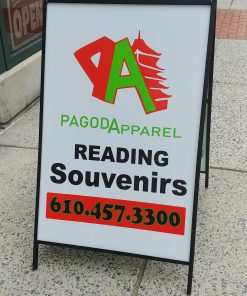 Pagoda Apparel logo Sidewalk sign outsidein from of the store on Cherry Street in Reading PA